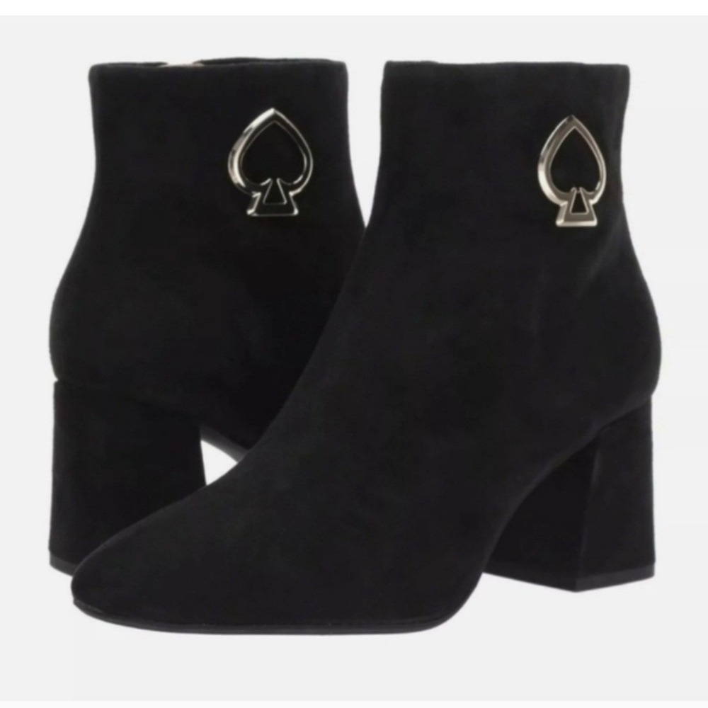 Kate‎ Spade Alihandra Ankle Boots Women 8.5M Black Suede Gold Spade Logo